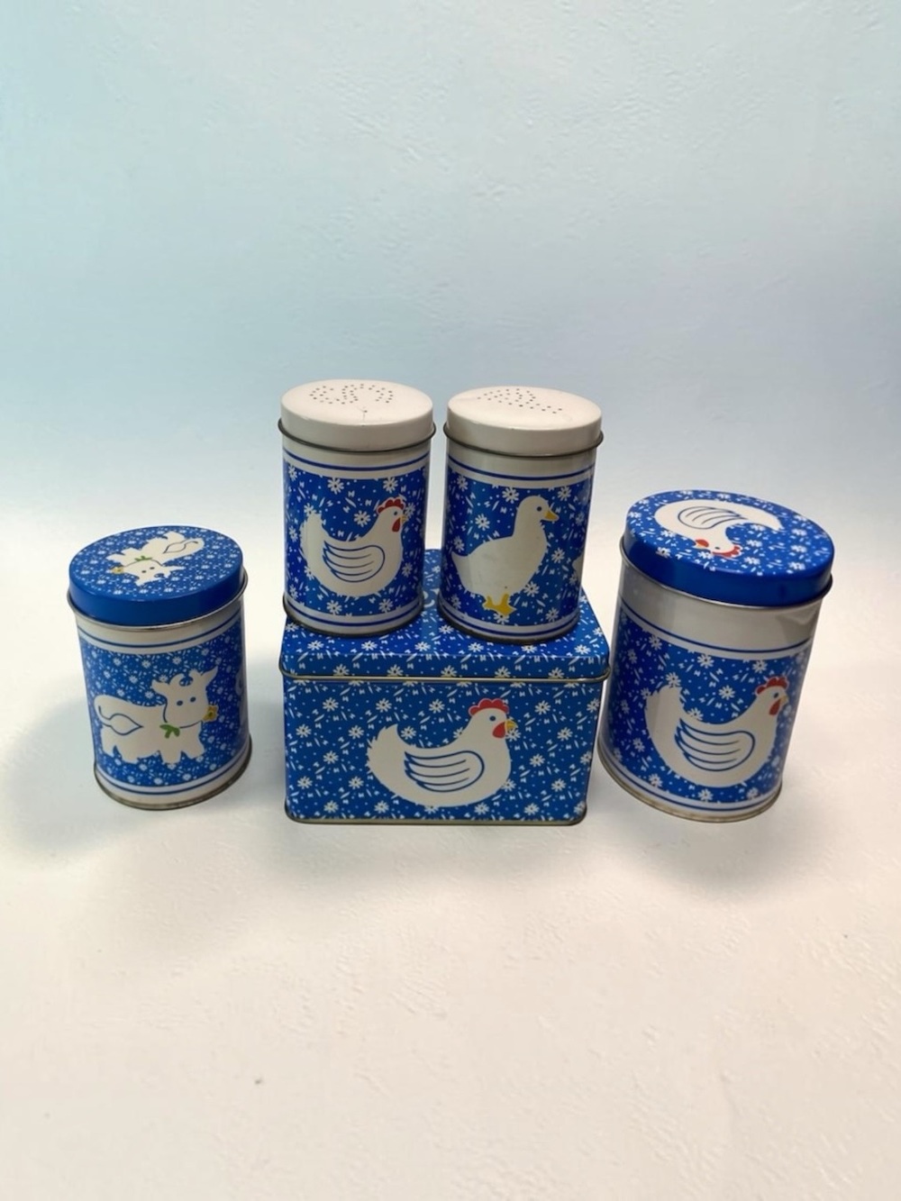 Vintage Blue Farmhouse Tin Set Recipe Box Canisters Salt Pepper Shakers